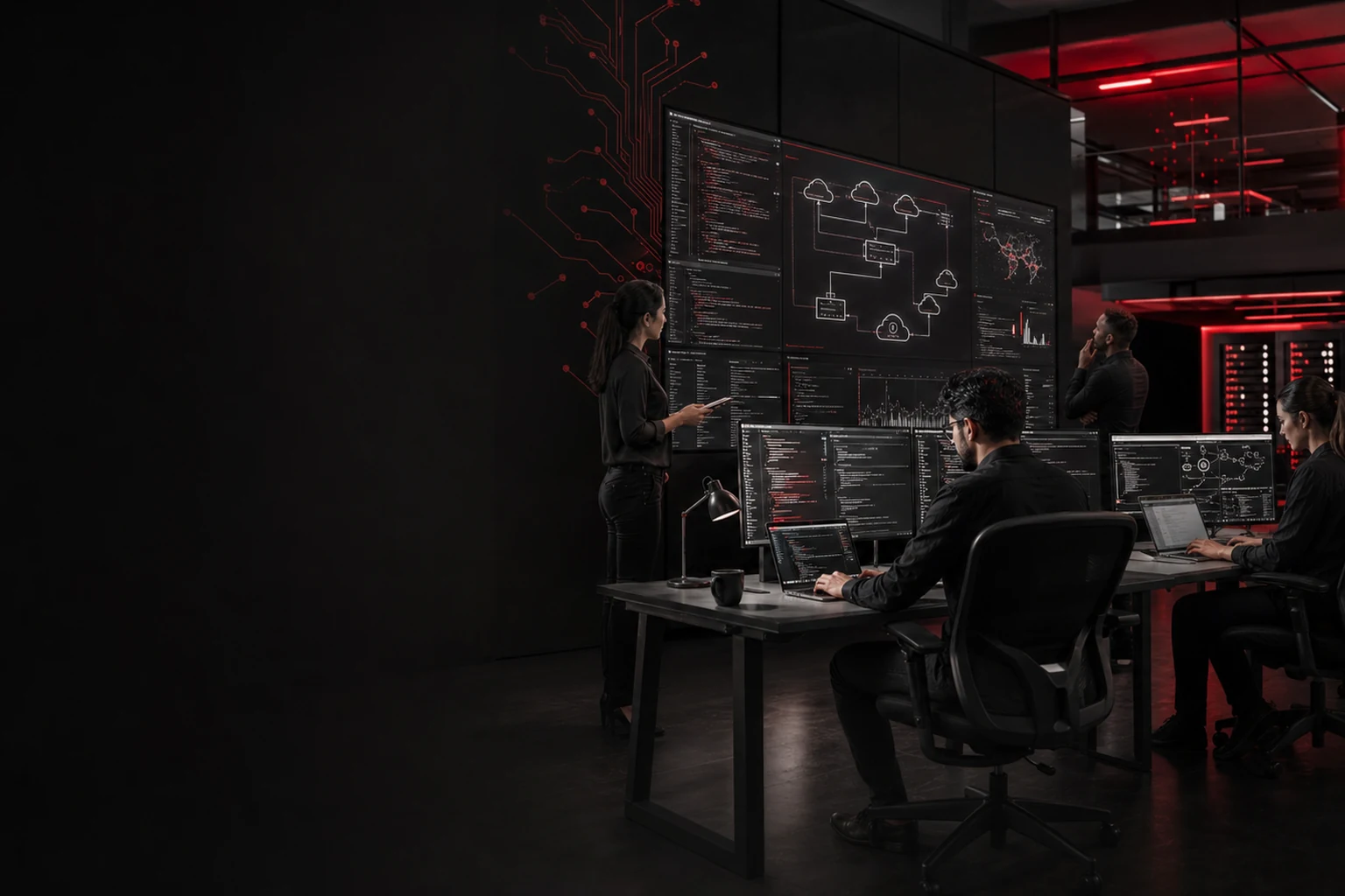 Abstract red glass digital infrastructure core in a dark data environment